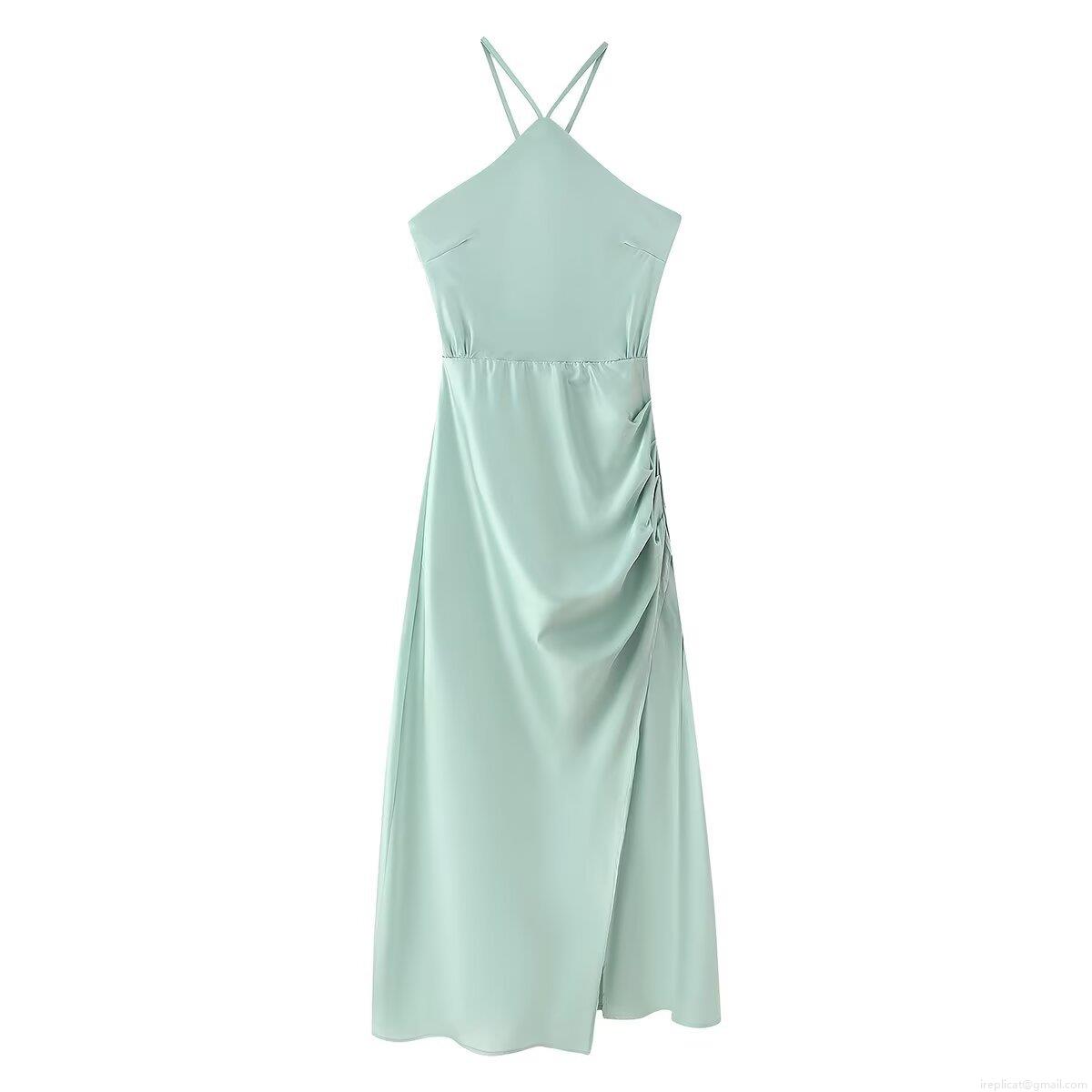 Elegant Sage Mint Green Satin Halter Backless Maxi Dress For Women Sexy Pleated Waist High Slit Evening Party Wedding Guest Formal Evening Gown