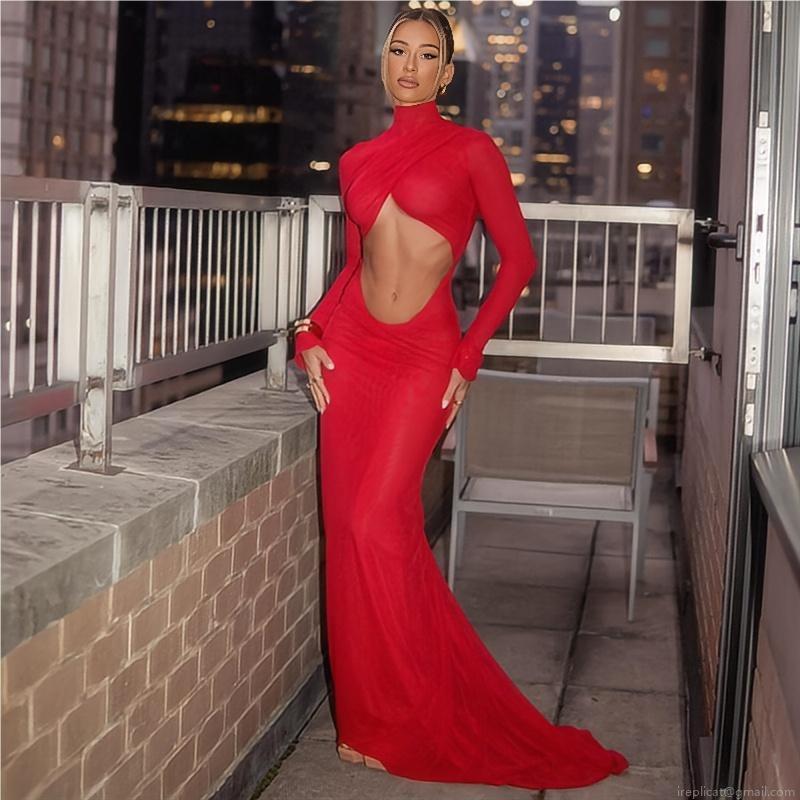 Sexy Red Hollow Out Long Sleeve Evening Gown Floor Length High Neck Bodycon Party Dress For Women Special Occasion Wedding Night Out Maxi Dress