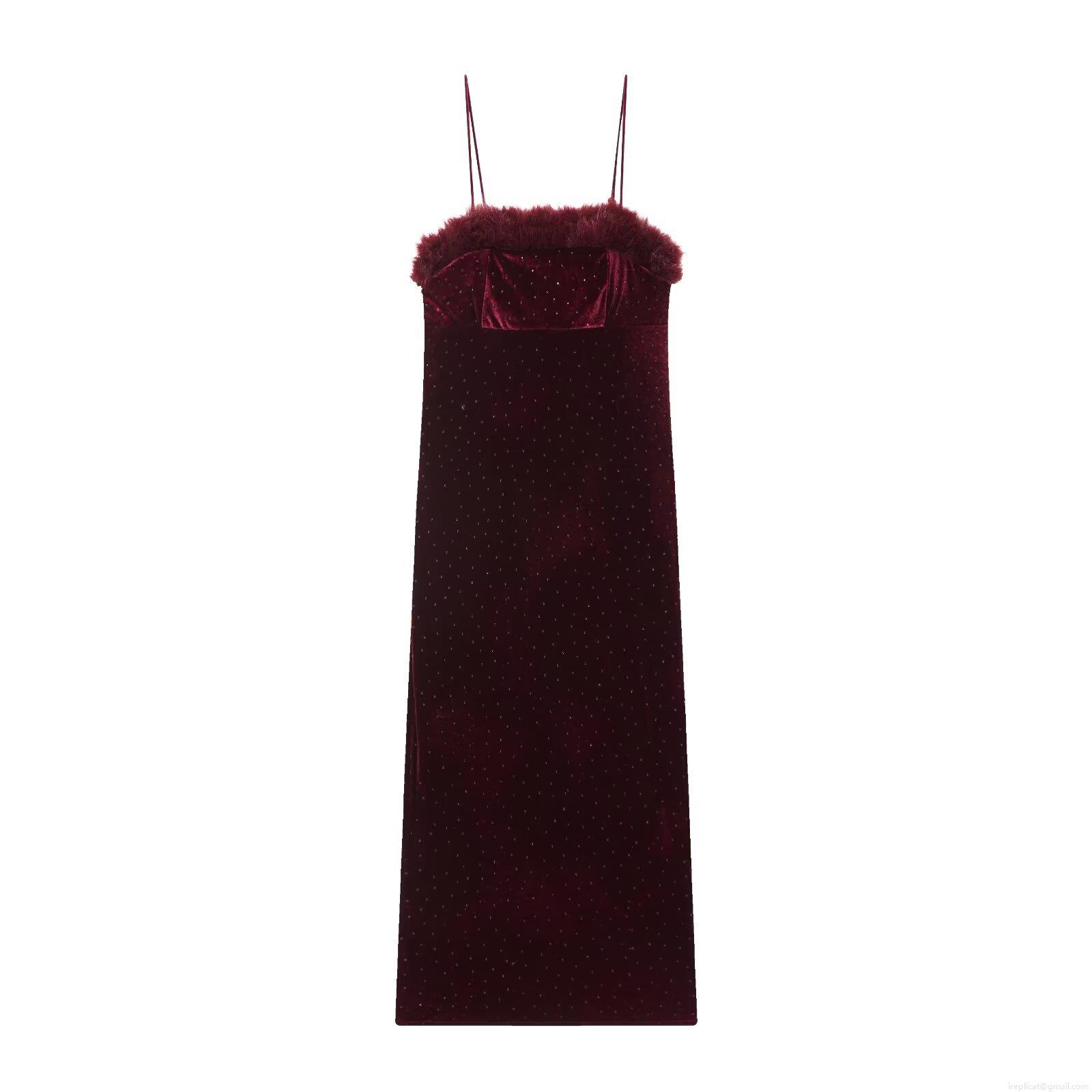 Women Wine Red Velvet Cami Maxi Dress With Faux Fur Trim Rhinestone Decoration Luxury Spaghetti Strap Party Evening Gown Elegant Slim Fit Banquet Wedding Clothing