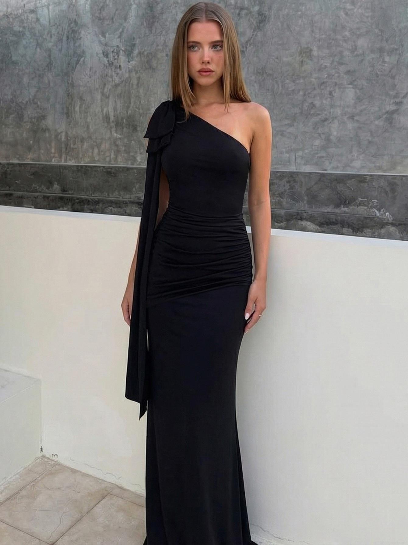 Women Elegant One Shoulder Maxi Dress Ruched Bodycon Evening Party Dress With Bow Shoulder Detail Polyester Spandex Sexy Slim Fit Formal Gown