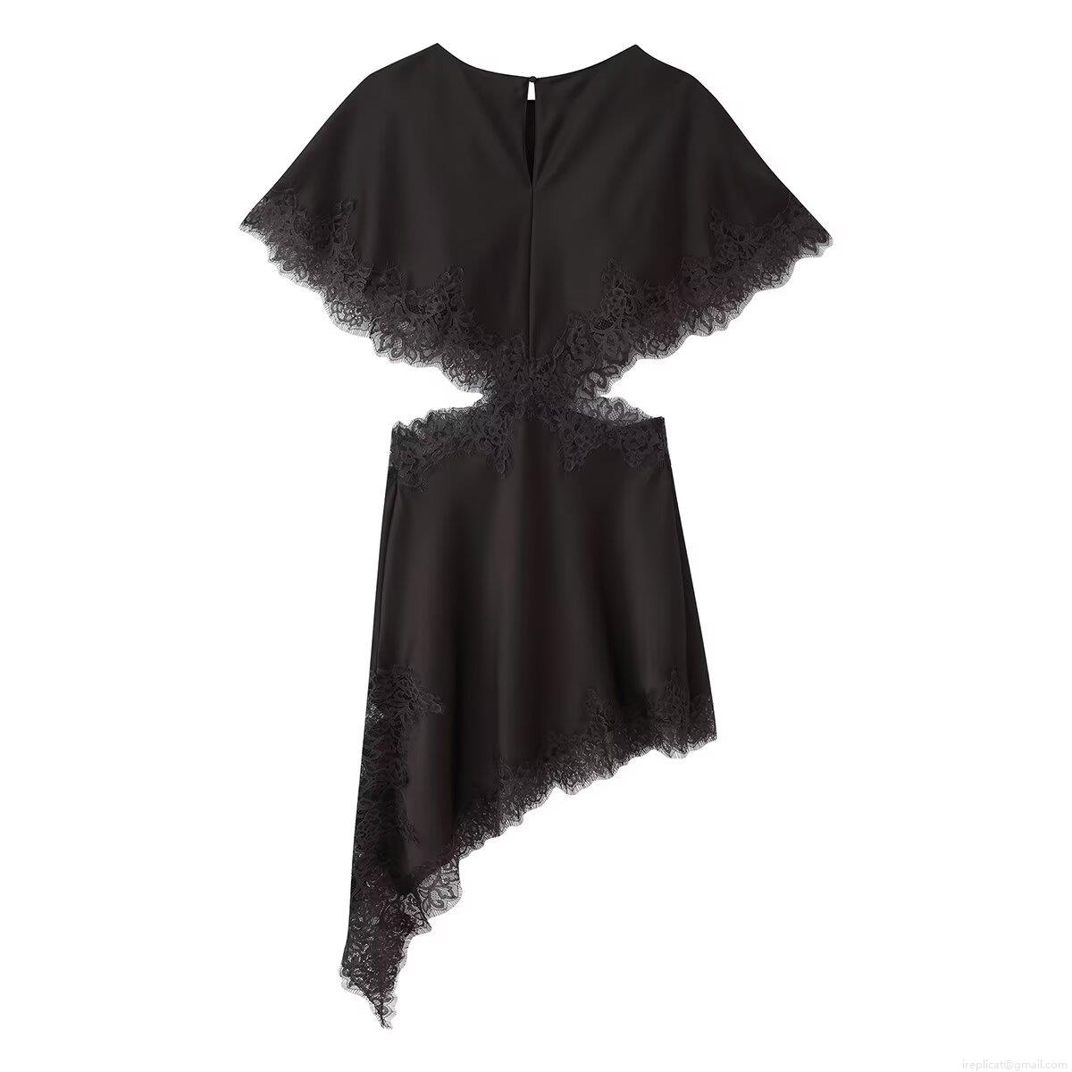 Women's Sexy Asymmetrical Lace Patchwork Dress Sleeveless Waist Cut-out Satin Finish Elegant Party Evening Clubwear Hollow Out Long Dress for Ladies