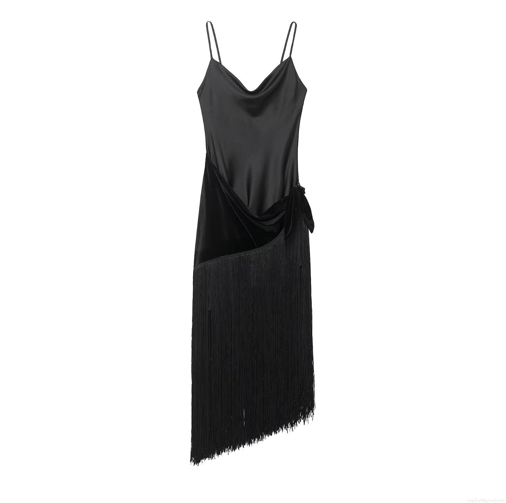 Sexy Black Satin Backless Midi Dress With Velvet Splicing And Fringe Detail Cowl Neck Spaghetti Strap Evening Party Bodycon Dress For Women