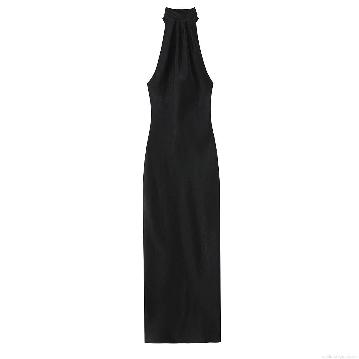 Women Sexy Halter Backless Satin Maxi Dress Elegant Solid Black Bow Tie Evening Party Formal A-Line Sleeveless Dress For Women Summer