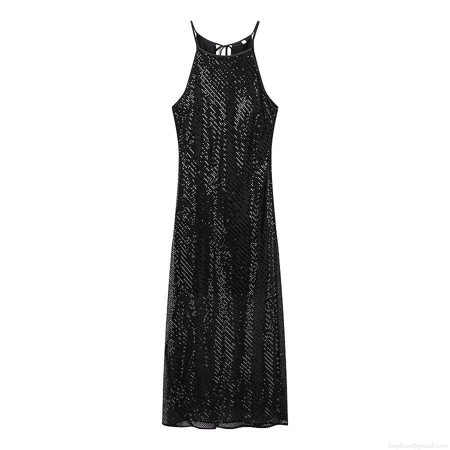 Women's Sexy Black Sequin Halter Maxi Dress Elegant Backless Lace Up Slit Evening Party Club Night Long Gown Dress