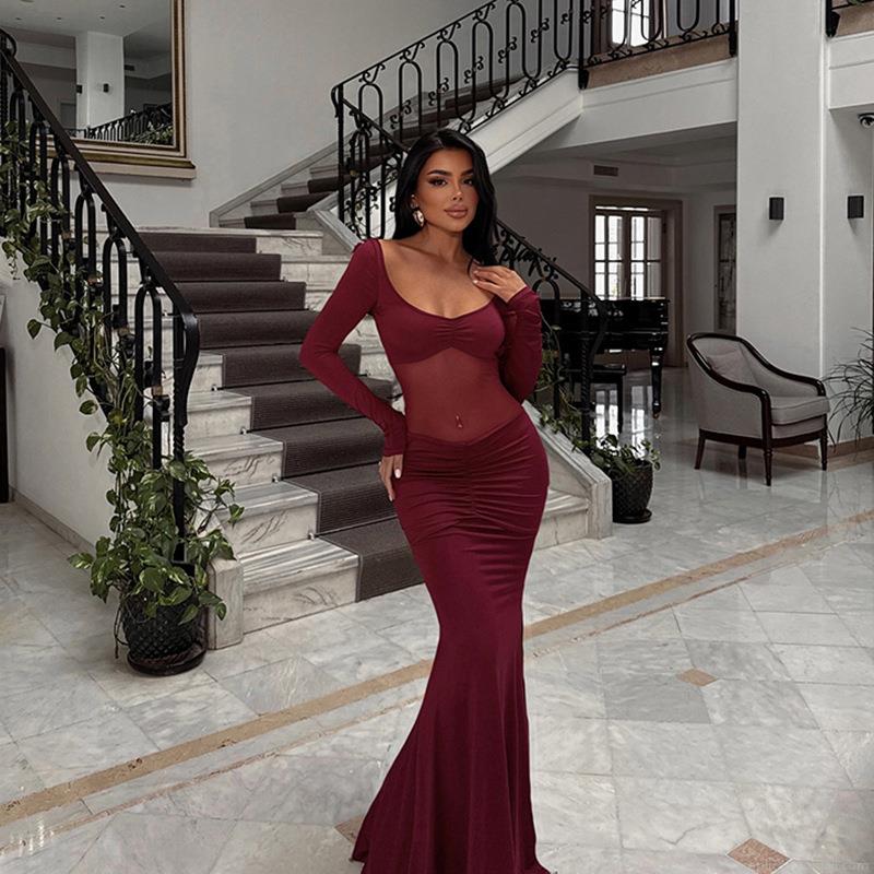 Women's Sexy Long Sleeve Evening Maxi Dress Sheer Mesh Patchwork Slim Fit Ruched Mermaid Gown For Wedding Party Elegant Burgundy Dress