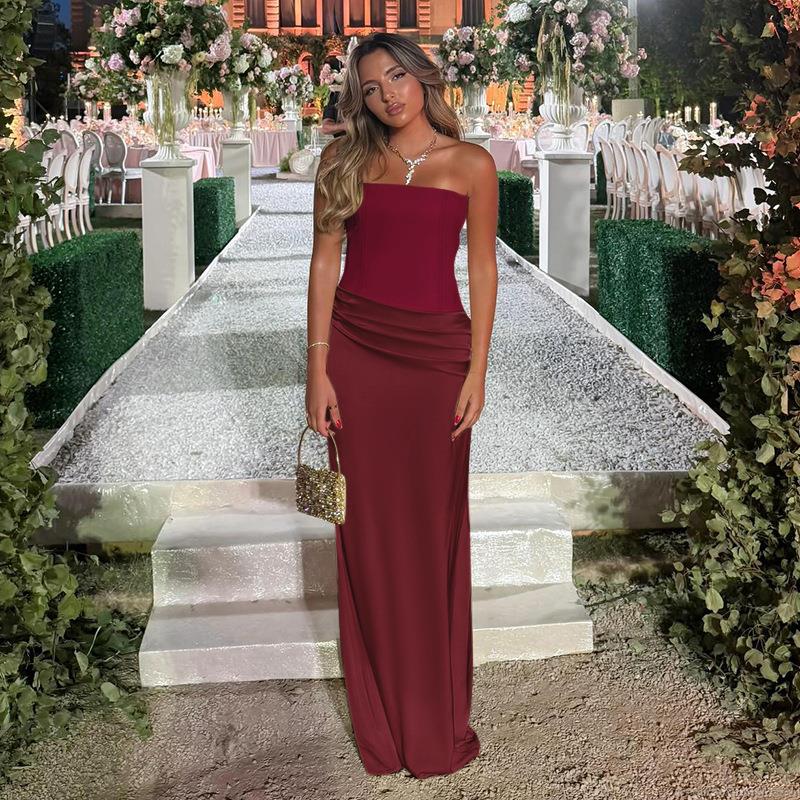 Women's Elegant Wine Red Off the Shoulder Satin Evening Gown Slim Fit Pleated Maxi Dress For Party Wedding Formal Occasions