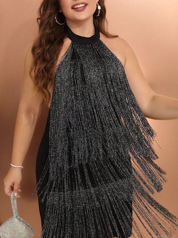 Sexy Plus Size Halter Tassel Mini Dress For Women Glitter Silver Fringe Backless Bodycon Party Club Evening Dress Polyester Spandex High Stretch