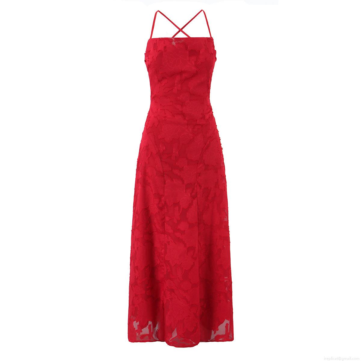 Women Sexy Red Rose Burnout Floral Maxi Dress Elegant Backless Lace-up Spaghetti Strap Party Evening Wedding Guest Dress Polyester Gown