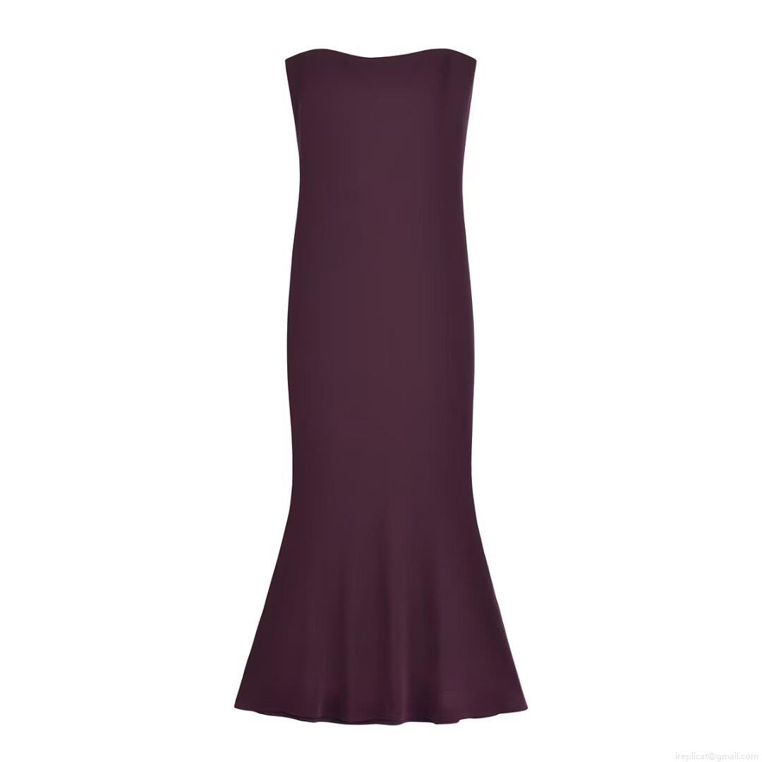 Women Elegant Deep Purple Polyester Off-Shoulder Fishtail Evening Dress Backless Slim Fit Party Maxi Gown For Banquet Wedding