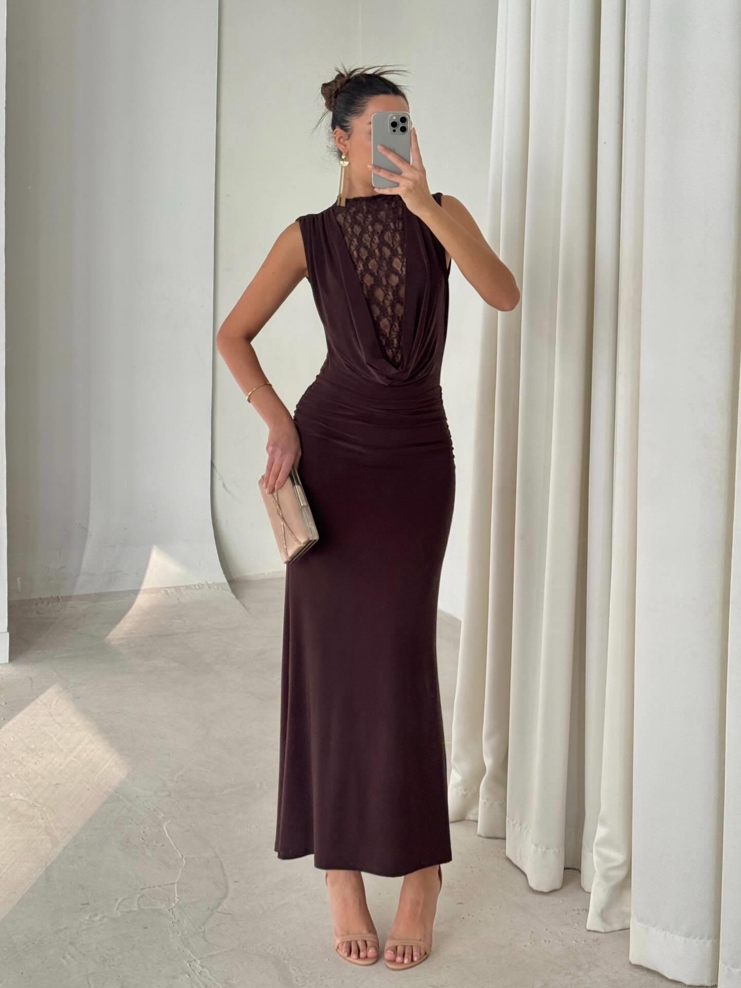 Women's Sexy Lace Patchwork Sleeveless Maxi Dress Slim Fit Backless Bodycon Evening Gown For Party Banquet Deep Brown Elegant Floor Length Clubwear Dress