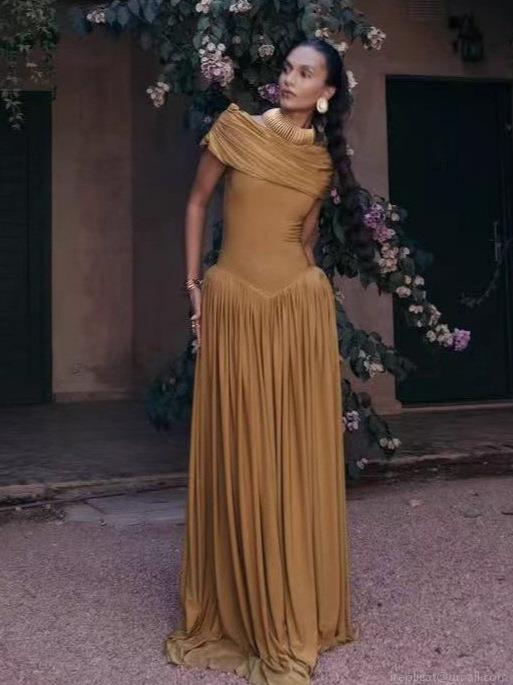 Elegant Women's Off-Shoulder Pleated Maxi Dress Mustard Yellow Polyester Slim Fit Evening Gown For Party Banquet Wedding Guest Long Dress