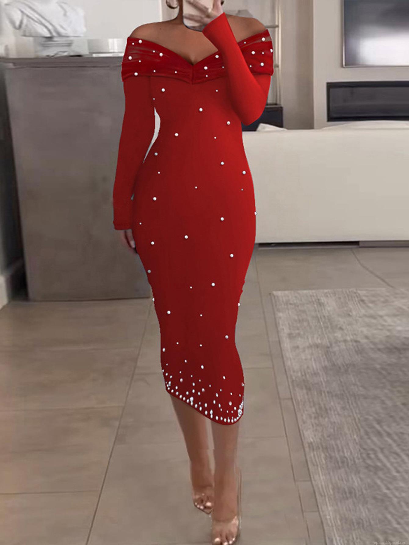 Women's Elegant Red Off-the-Shoulder Pearl Bodycon Midi Dress Long Sleeve Slim Fit Evening Party Gown For Wedding Banquet Formal Special Occasions