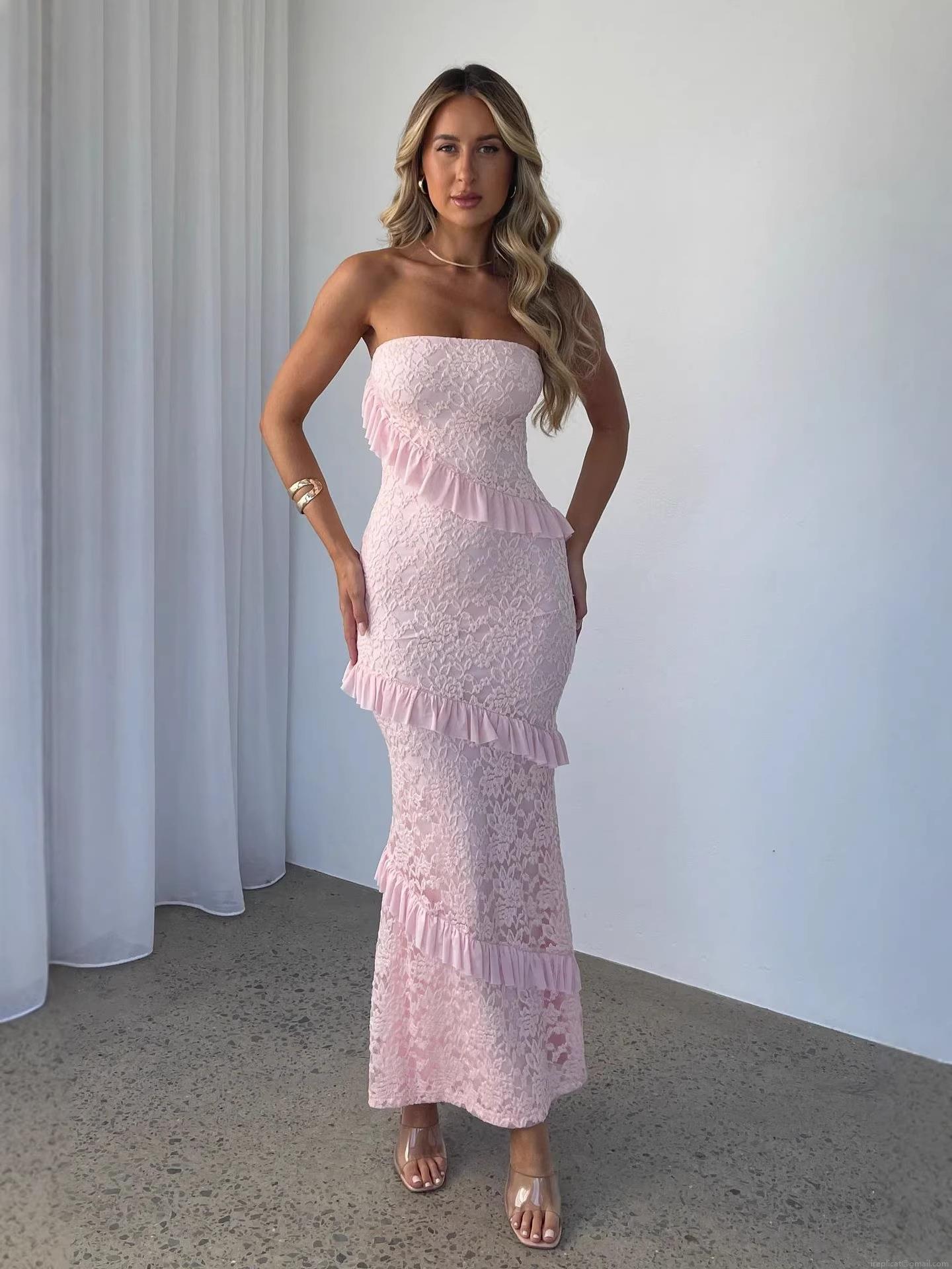 Women's Elegant Strapless Lace Ruffle Maxi Dress Sexy Bodycon Off Shoulder Tiered Gown For Evening Party Wedding Guest Clubwear Ladies