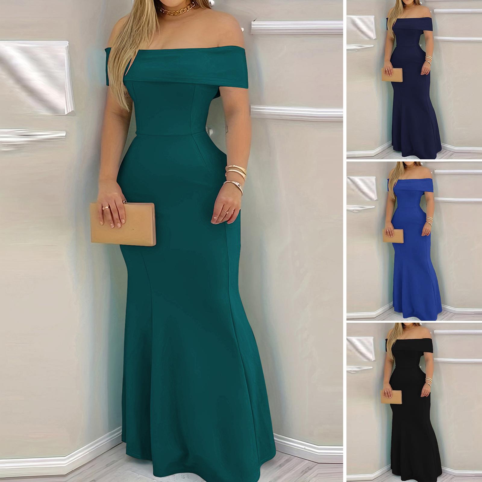 Women Off Shoulder Evening Gown Elegant High Waist Slim Fit Mermaid Maxi Dress For Party Formal Wedding Occasions Polyester Spandex Solid Color Dress