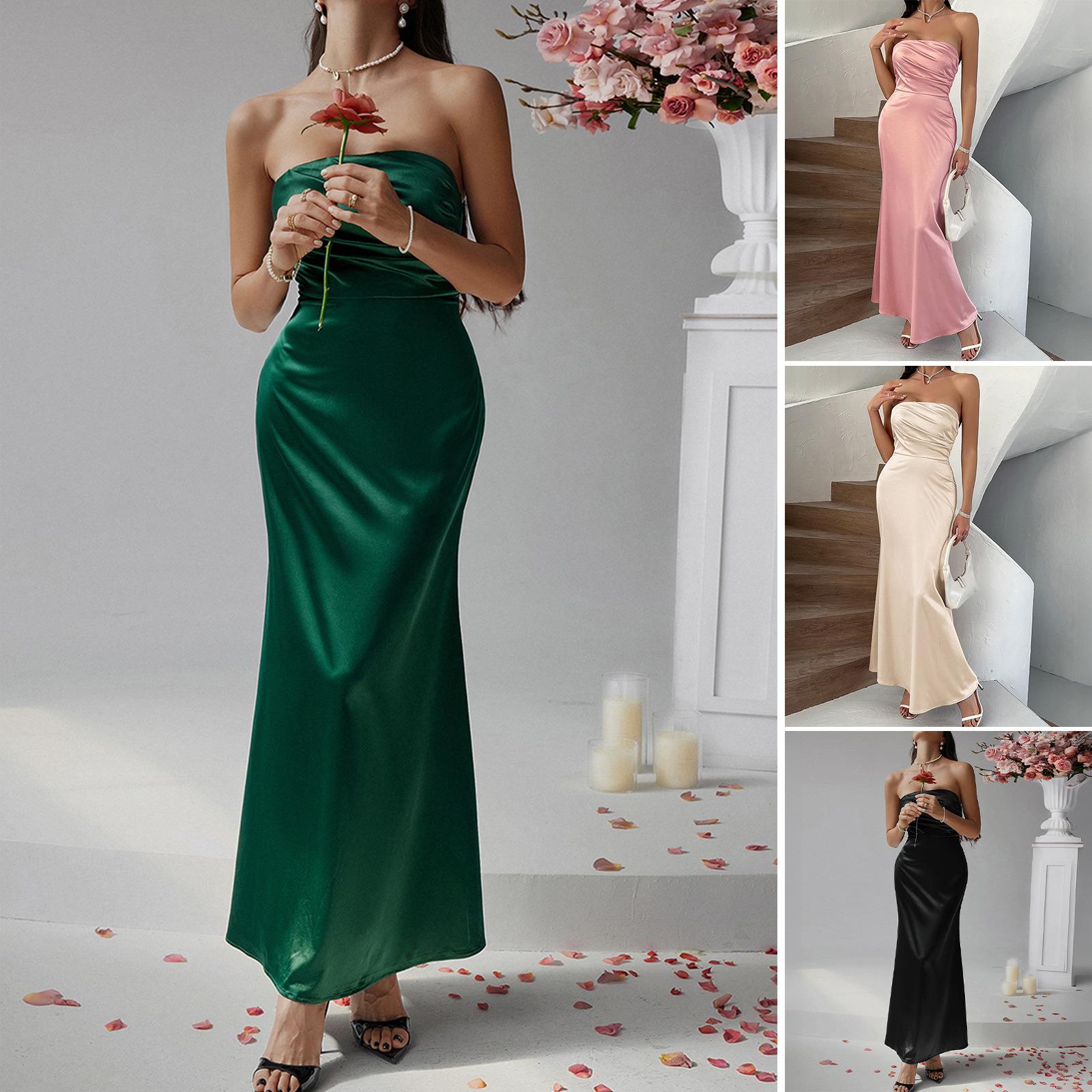 Elegant Strapless Satin Long Dress Sexy Bodycon Pleated Evening Party Gown For Women Wedding Formal Summer Polyester Elastane Maxi Dress