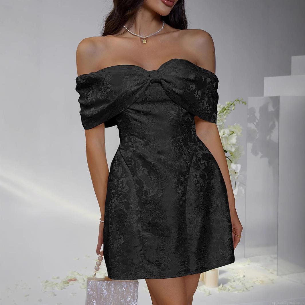 Women's Elegant Off-Shoulder Big Bow Jacquard Mini Dress Floral Pattern Party Evening Banquet Dress Stylish Celebrity Style Short Dress For Ladies
