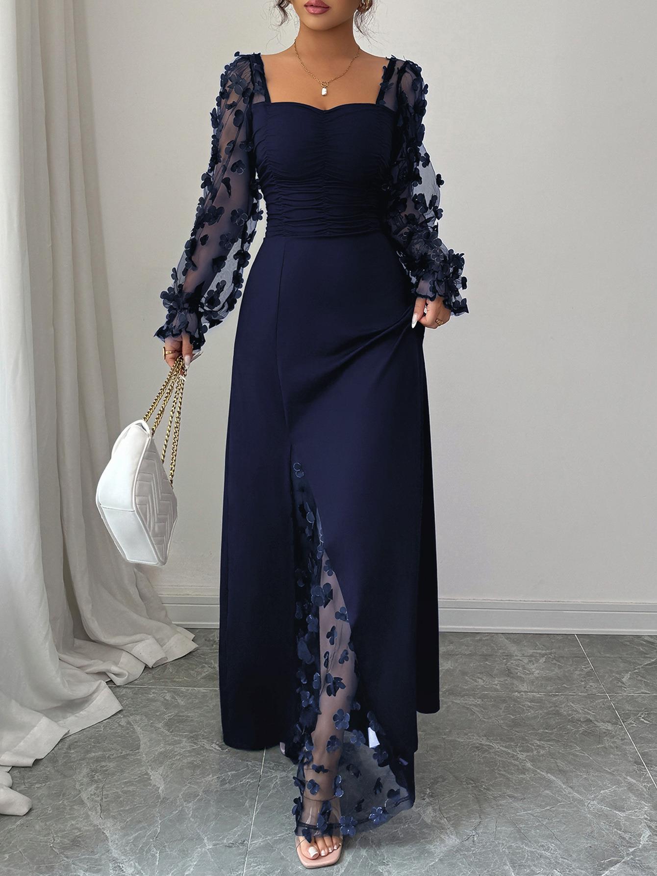 Elegant 3D Floral Patchwork Maxi Dress Square Neck Mesh Long Sleeve High Slit Party Evening Gown For Women Formal Banquet Slim Fit Ruched Bodycon Dress