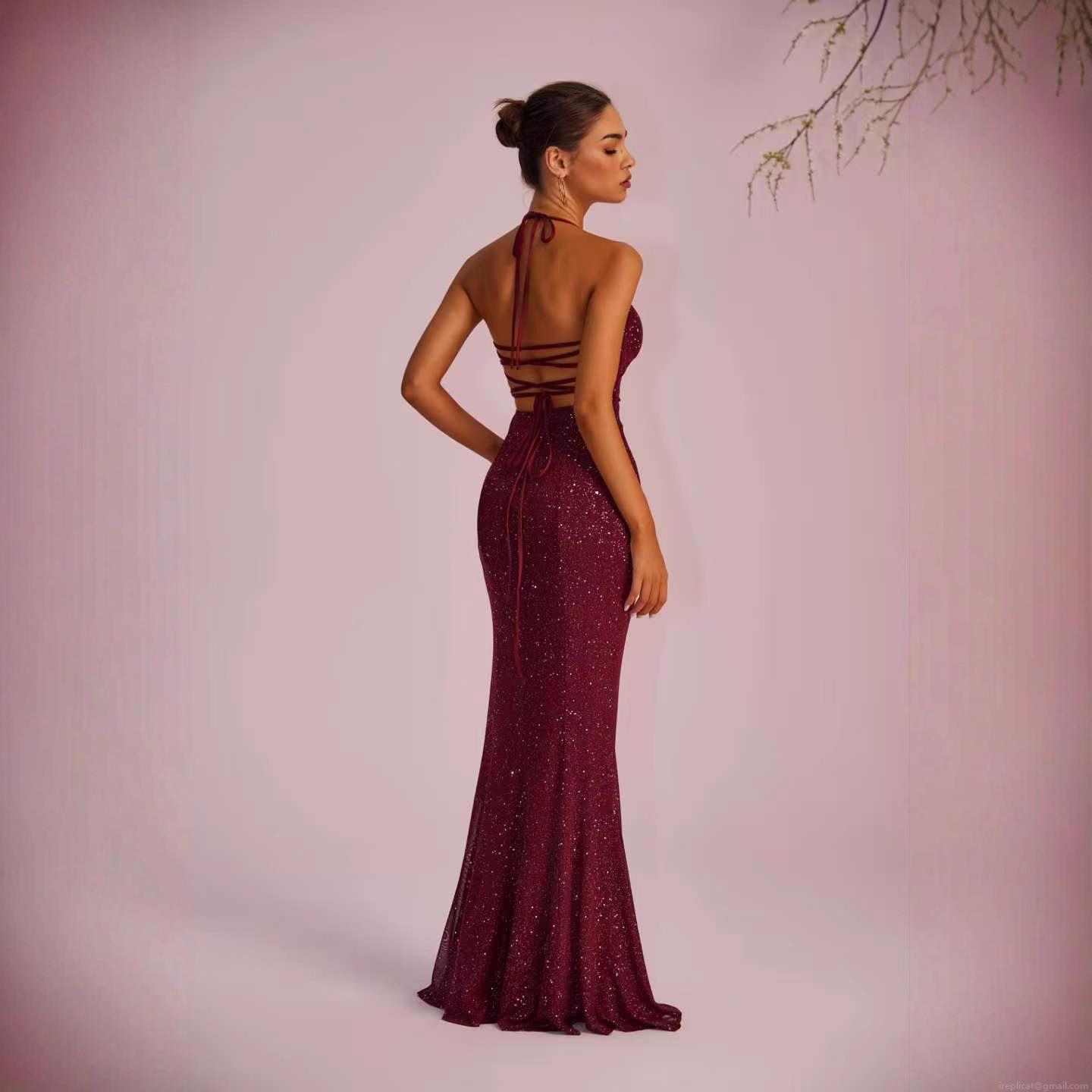 Elegant Sequined Evening Dress For Women Sexy Halter Backless High Slit Long Maxi Dress Bodycon Party Prom Sequins Gown