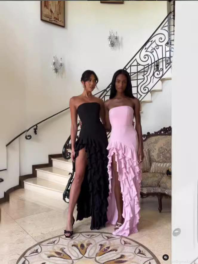 Women Sexy Strapless Bodycon Maxi Dress Ruffle Trim Side Slit Party Evening Gown Milk Silk Polyester Elastane Summer Elegant Clubwear Dress