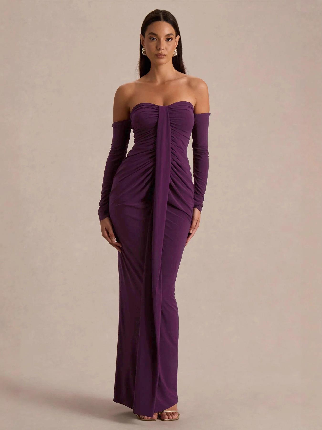 Sexy Purple Ruched Bodycon Evening Dress With Separate Long Sleeve Covers High Elastic Milk Silk Strapless Maxi Dress For Banquet Party Clubwear