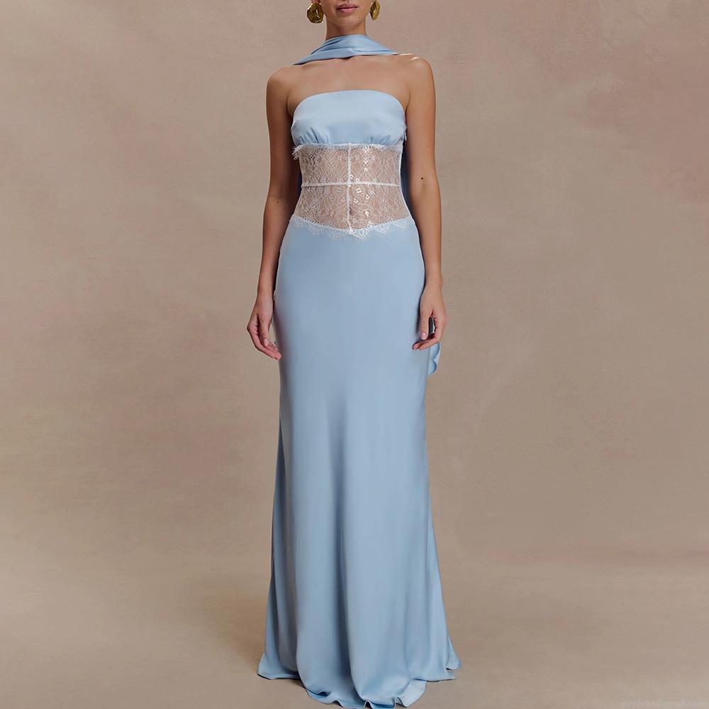 Women Elegant Strapless Satin Lace Splicing Long Evening Gown Sexy Backless Sheer Banquet Party Dress With Detachable Scarf Blue Maxi Dress