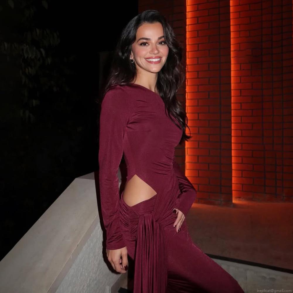 Women Sexy Cut-Out Waist Long Sleeve Maxi Dress Western Style Asymmetric Neck Twist Knot Ruched Tie Detail Solid Color Evening Party Wear