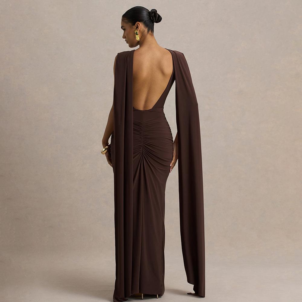 Elegant Women's Sexy Backless Evening Dress Ruched Bodycon Maxi Gown With Long Cape Shawl Sleeves Solid Color High Waist Party Club Long Dress