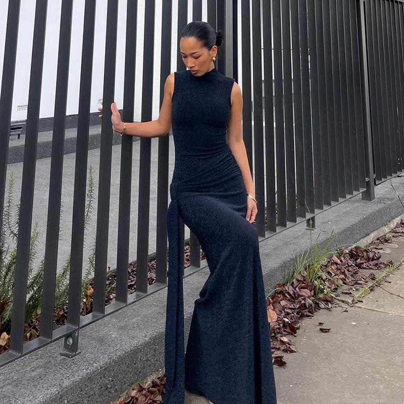 Sexy Sleeveless Round Neck Glitter Silk Fishtail Maxi Dress Ruched Slim Fit Evening Party Long Dress For Women Polyester Glitter Fabric Occasion Dress