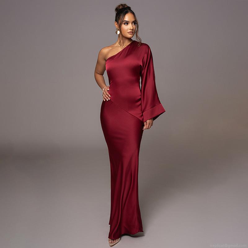 Women's Sexy Satin One Shoulder Long Sleeve Backless Maxi Dress Elegant Bodycon Evening Party Gown Asymmetrical Neck Satin Prom Dress for Women