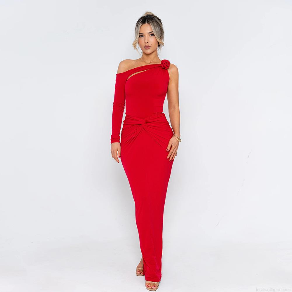 Women's Elegant One Shoulder Long Sleeve Maxi Dress Polyester Milk Silk 3D Flower Cutout Sexy Pleated Evening Party Dress Slim Fit Bodycon Gown