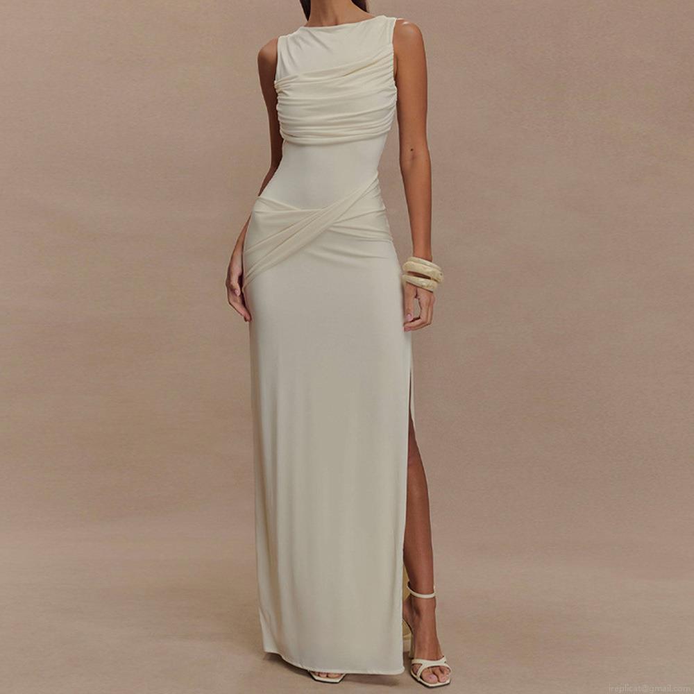 Women's Elegant Backless Maxi Dress Sleeveless Pleated High Slit Slim Fit Milk Silk Party Banquet Evening Dress
