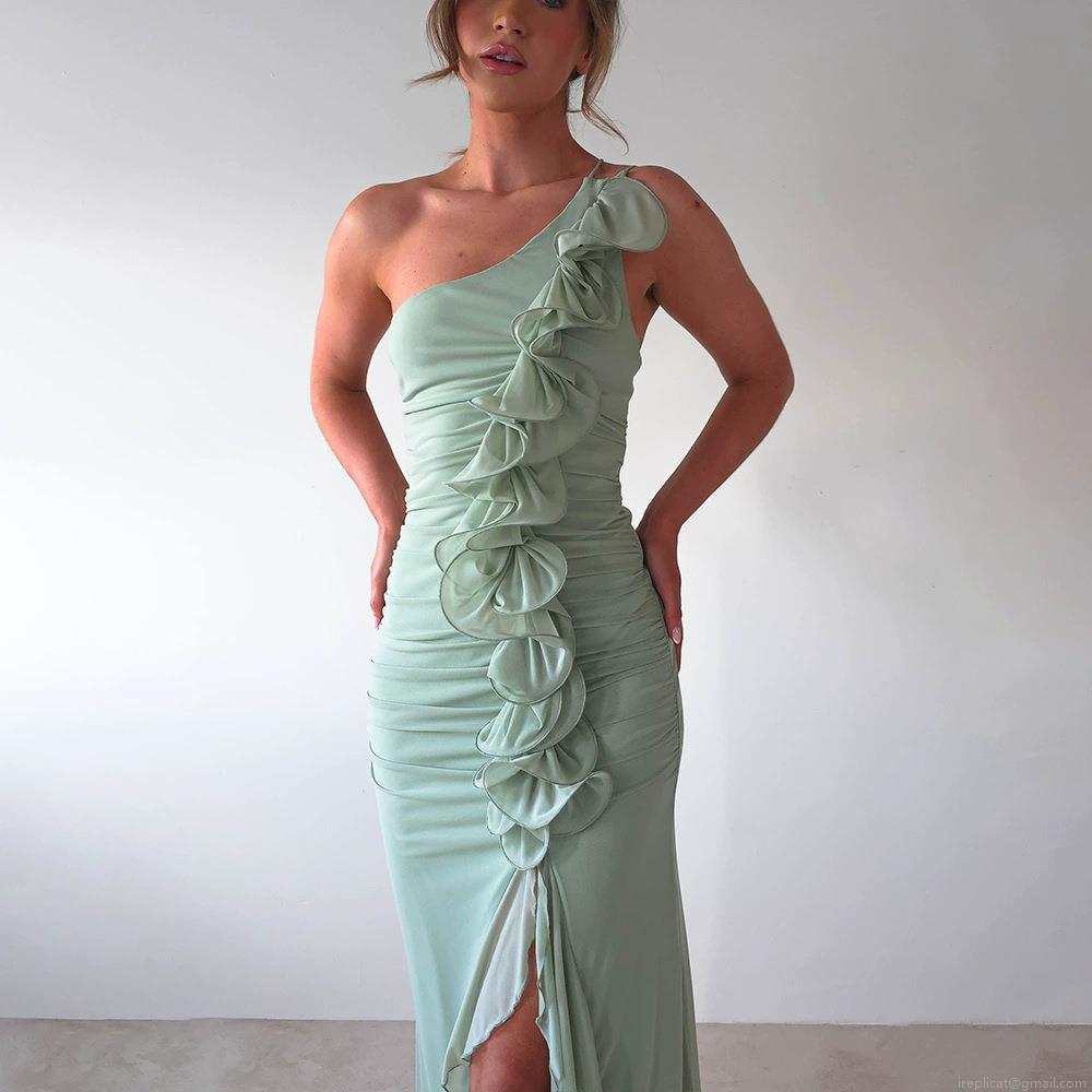 Women's Sexy One Shoulder Ruffle Maxi Dress Mesh Milk Silk Ruched High Split Backless Bodycon Evening Party Long Dress Summer Fashion