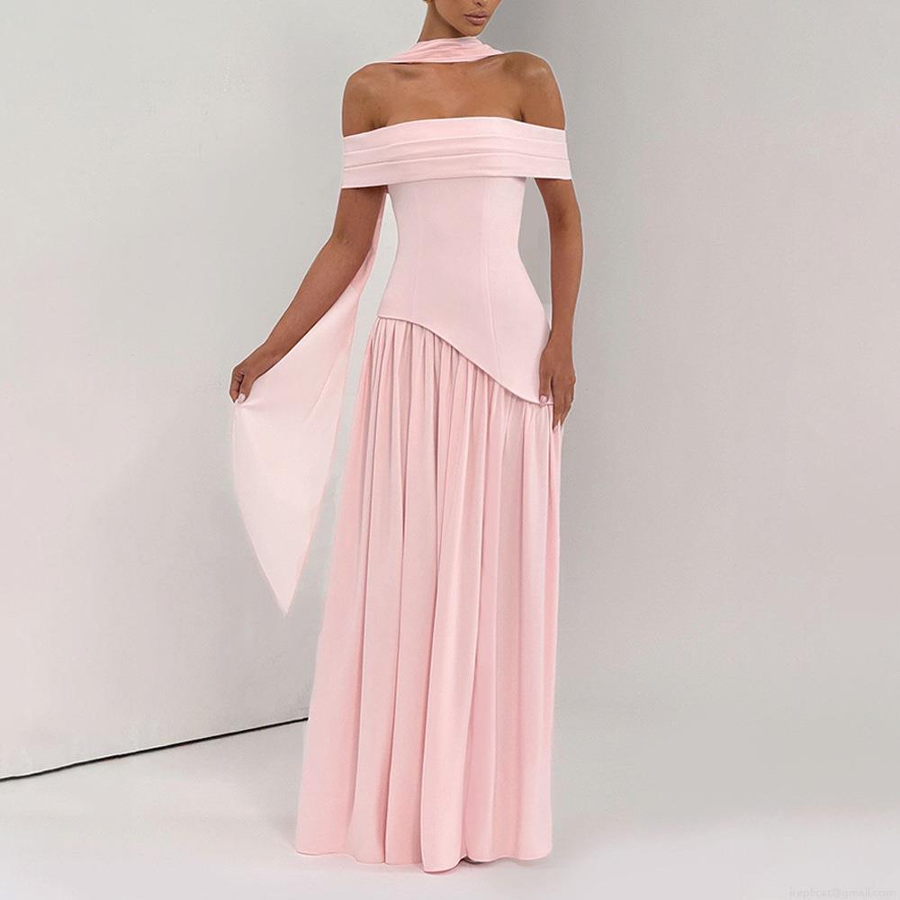 Women Sexy Off Shoulder Maxi Dress High Slit Ruched Bodycon Evening Gown With Matching Scarf Milk Silk Polyester Long Dress For Party Club Night Out