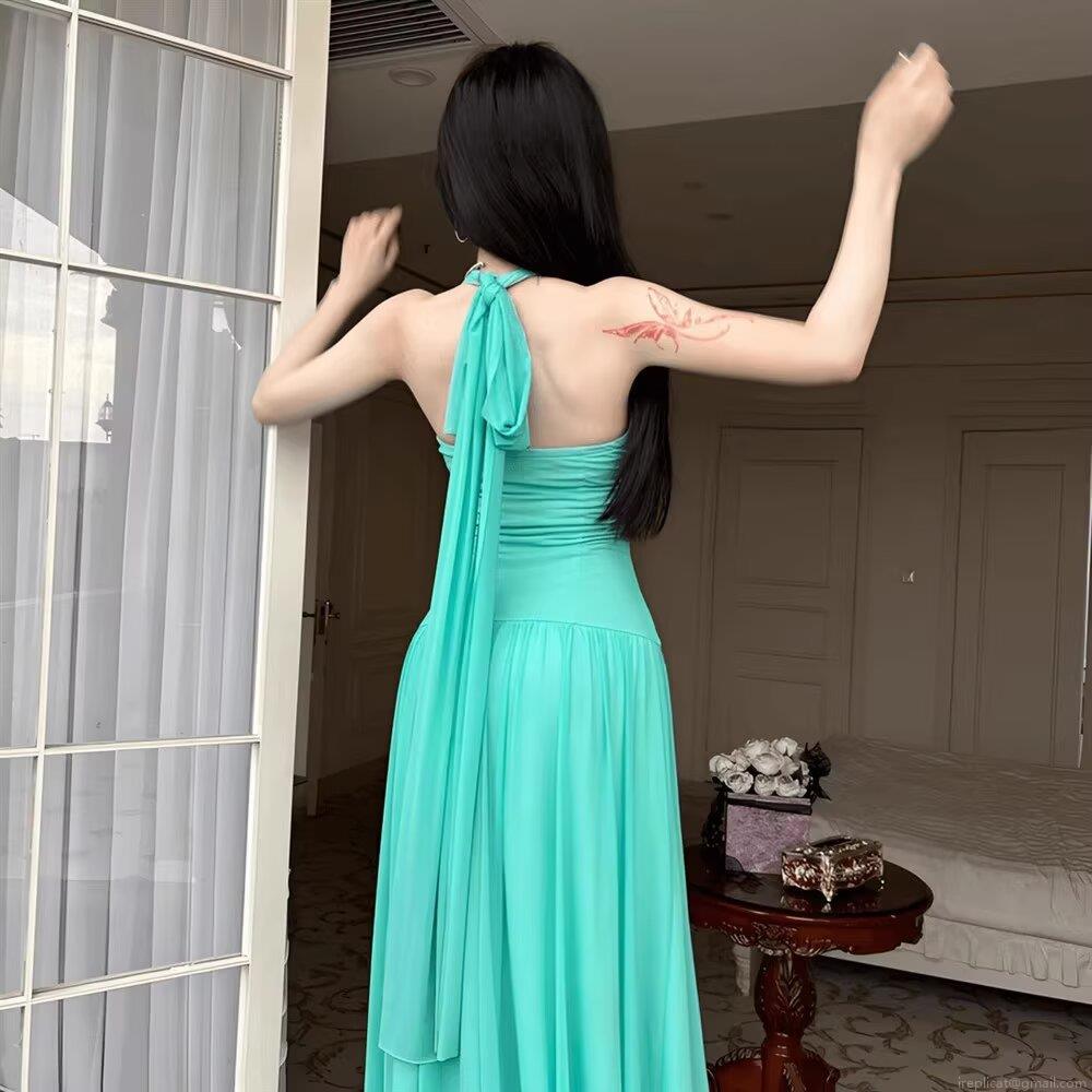 Women's Sexy Halter Neck Backless Maxi Dress Teal Mesh Pleated Long Dress With Rhinestone Elegant Party Evening Formal Dress Sleeveless A-Line Gown