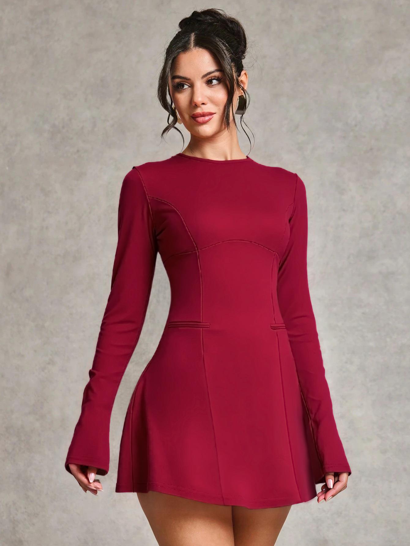Women's Sexy Backless Mini Dress Elegant Burgundy Long Sleeve Slim Fit Knitted Party Dress Polyester Elastane Round Neck Solid Color Short A-Line Dress for Date Night Evening Clubwear