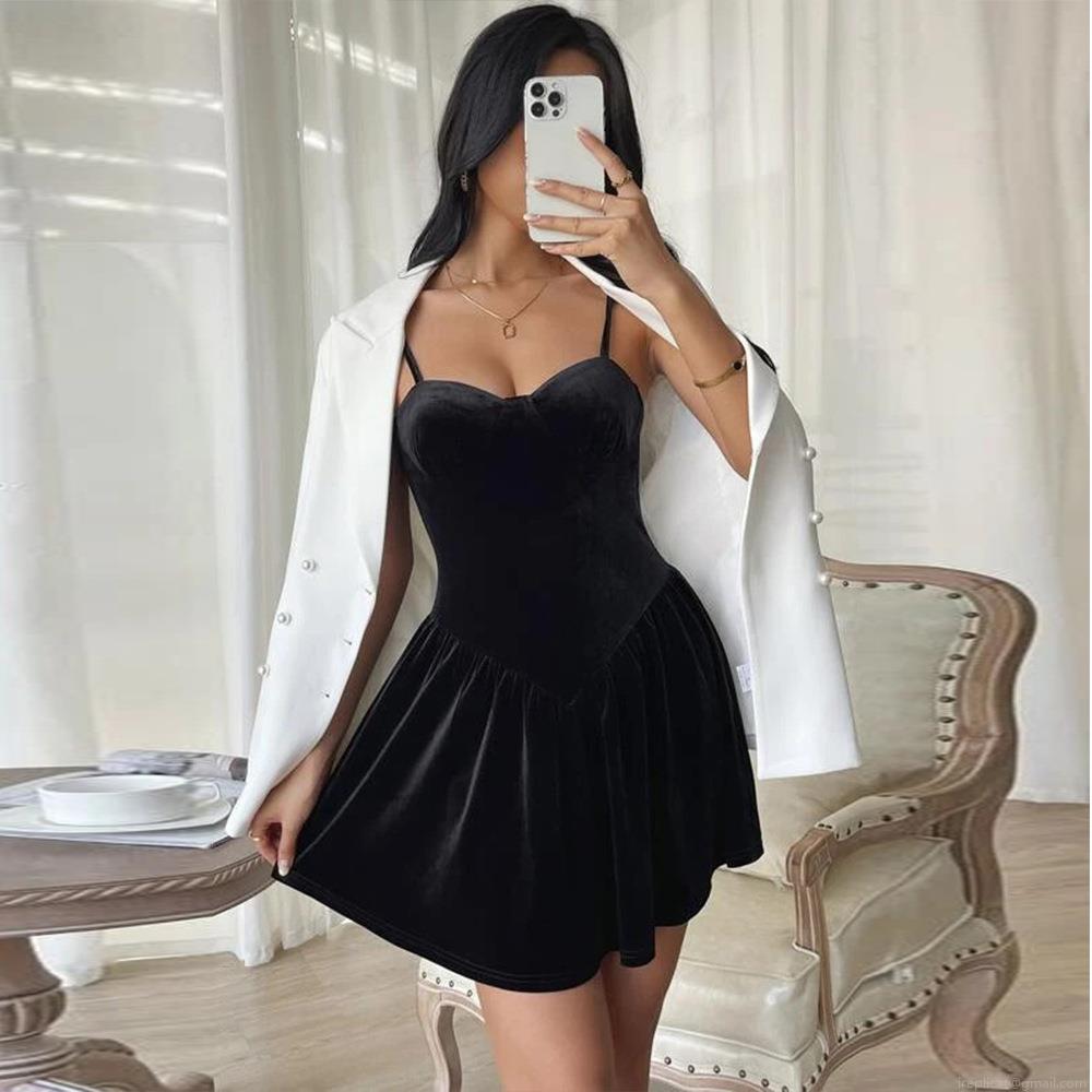 Women's Sexy Velvet Camisole Mini Dress Elegant Backless Solid Color Party Dress Socialite V-Neck Evening Gown Clubwear Prom Night Out