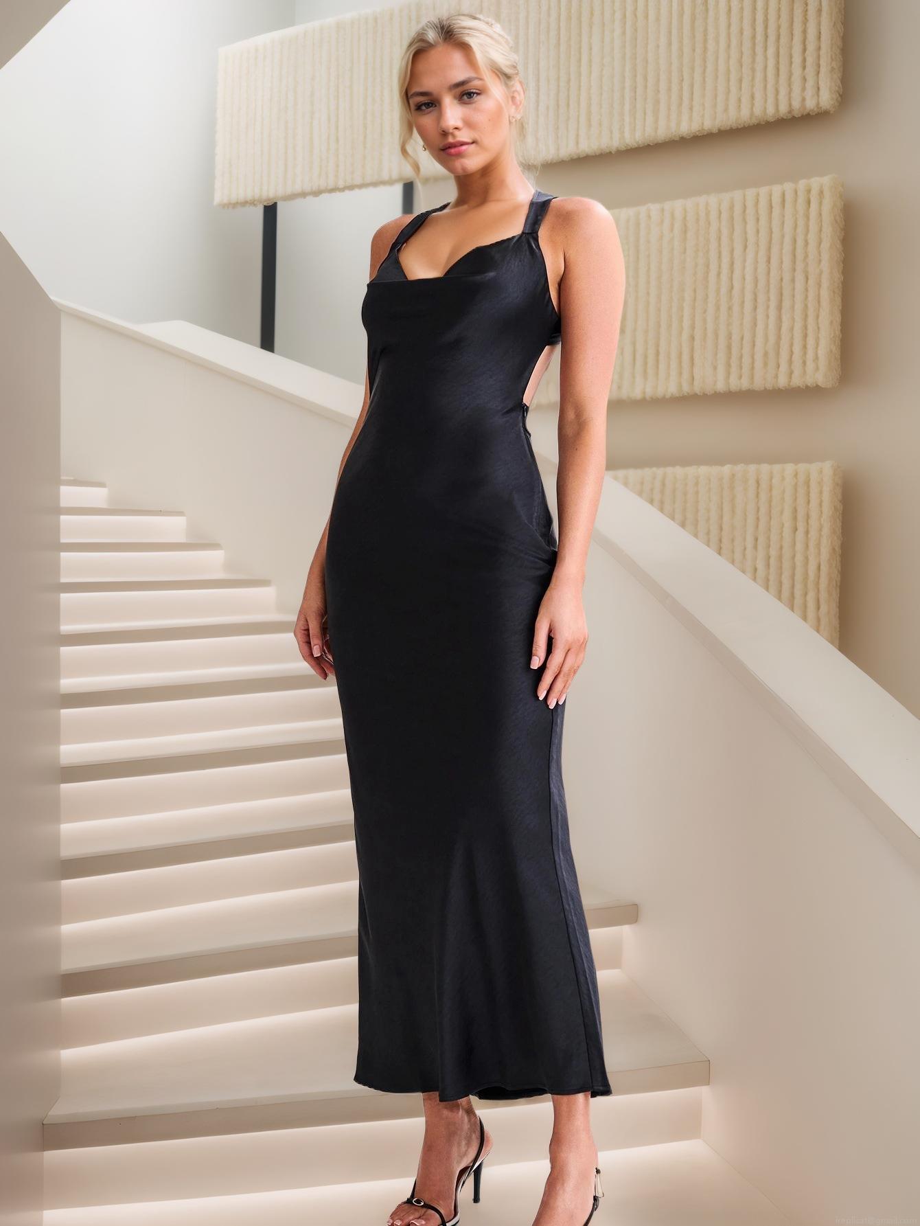 Women Sexy Backless Maxi Dress Acetate Satin Halter Neck Draped Evening Gown Party Wedding Guest Summer Sleeveless Slim Fit Bow Tie-Back Elegant Dresses