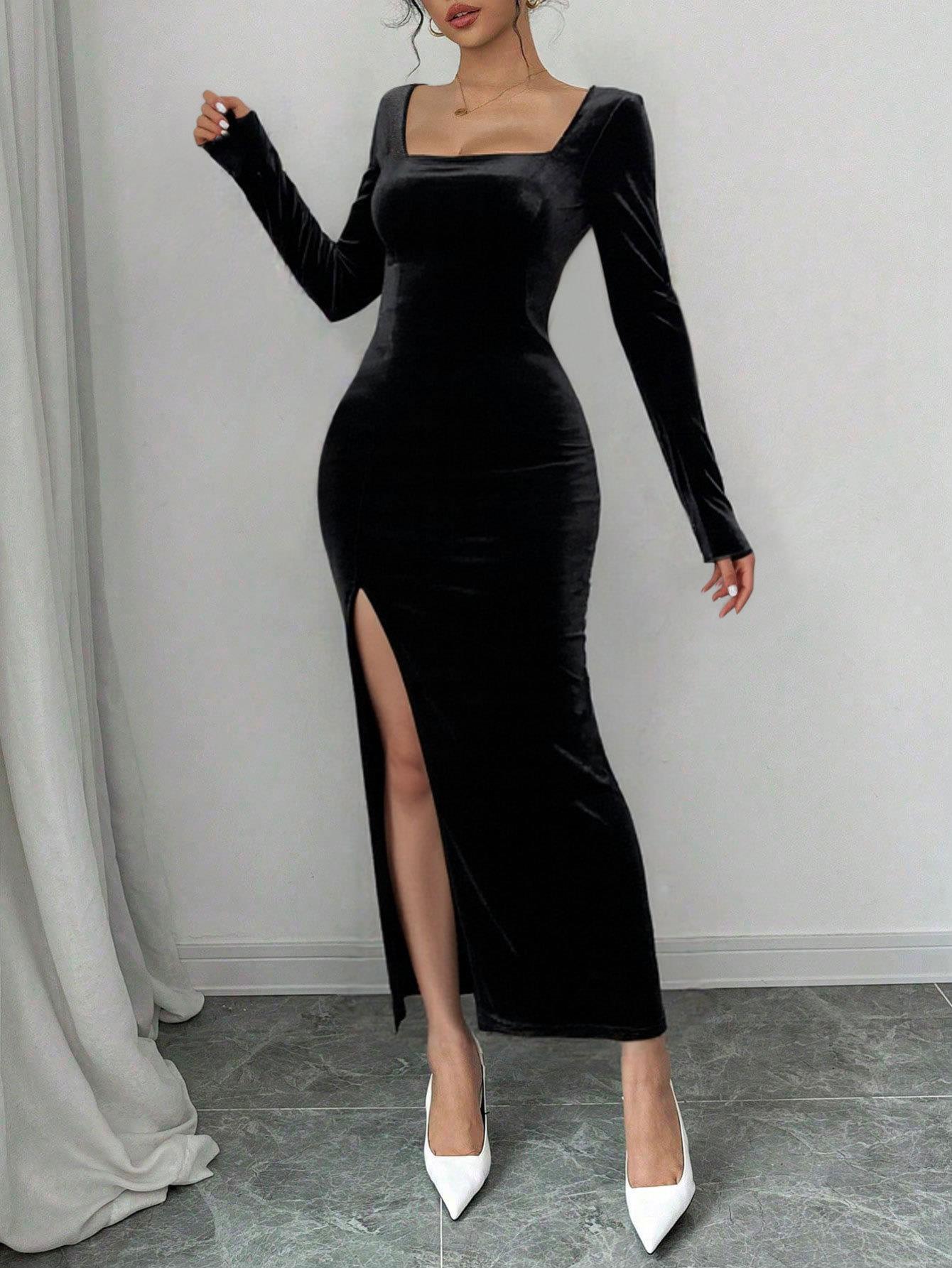 Women's Elegant Velvet Long Sleeve Maxi Dress Square Neck High Slit Bodycon Dress For Party Evening Clubwear Sexy Lady Slim Fit Gowns