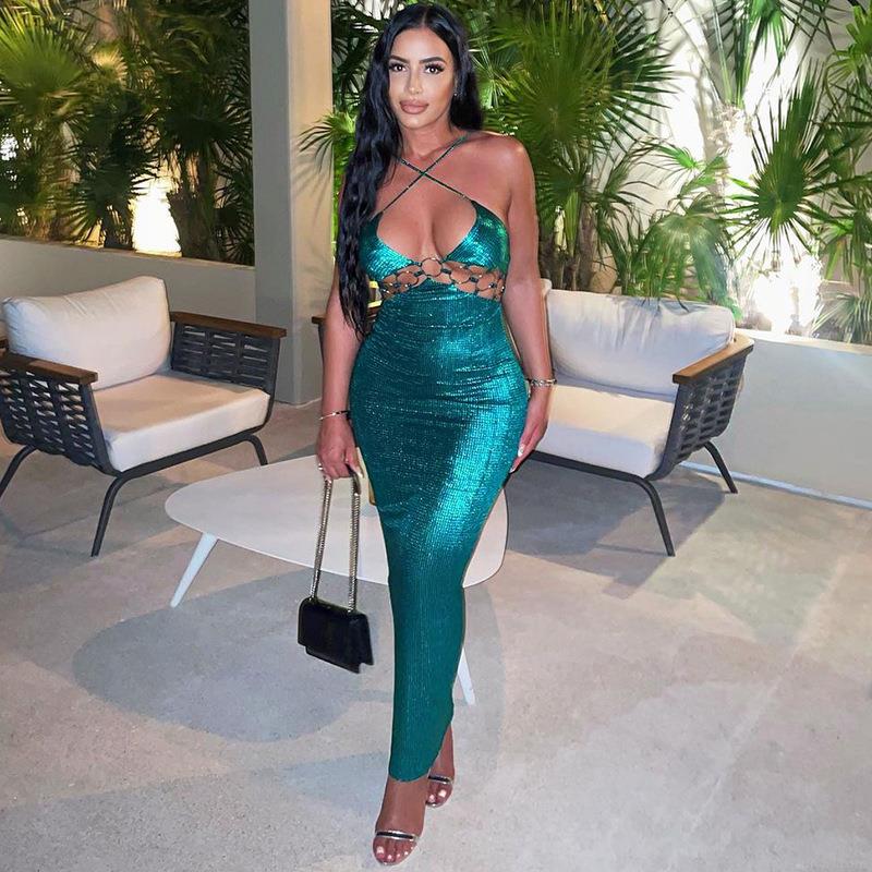 Sexy Metallic Hollow Out Halter Maxi Dress Women Backless Slim Fit Bodycon Evening Party Night Club Long Dress With Metal Rings