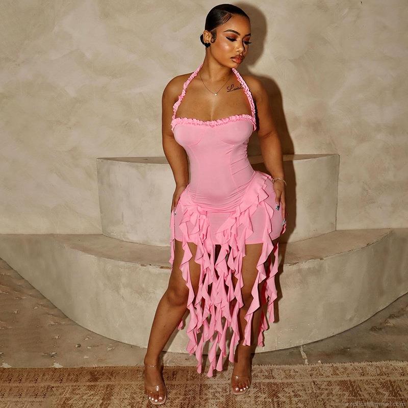 Women Sexy Halter Ruffle Bodycon Dress Backless Irregular Hem Polyester Spandex Sleeveless Slim Fit Mini Dress for Party Club Night Out