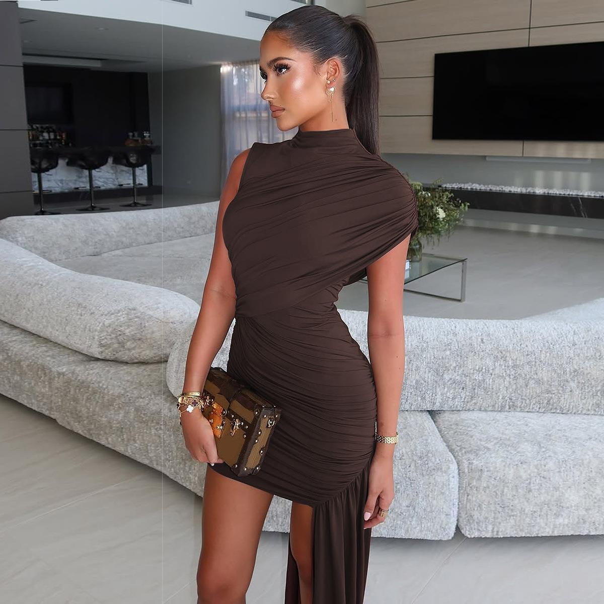 Women's Sexy Sleeveless Ruched Bodycon Dress Asymmetric Hem With Long Tail Club Party Evening Night Out Slim Fit Polyester Spandex Cocktail Mini Dress