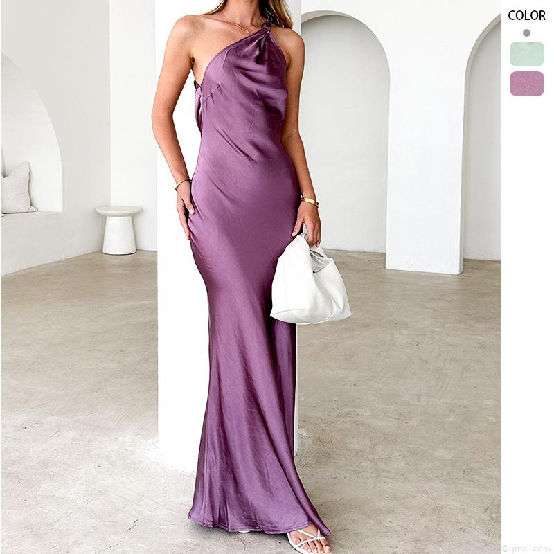 Sexy Women Satin Single Shoulder Maxi Dress Backless Slim Fit Evening Party Long Dress Elegant Prom Gown Solid Color Polyester Wedding Guest Outfits