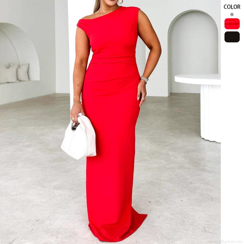 Elegant Sexy One Shoulder Maxi Dress Ruched Sleeveless Bodycon Floor Length Back Slit Evening Party Banquet Formal Long Gown For Women