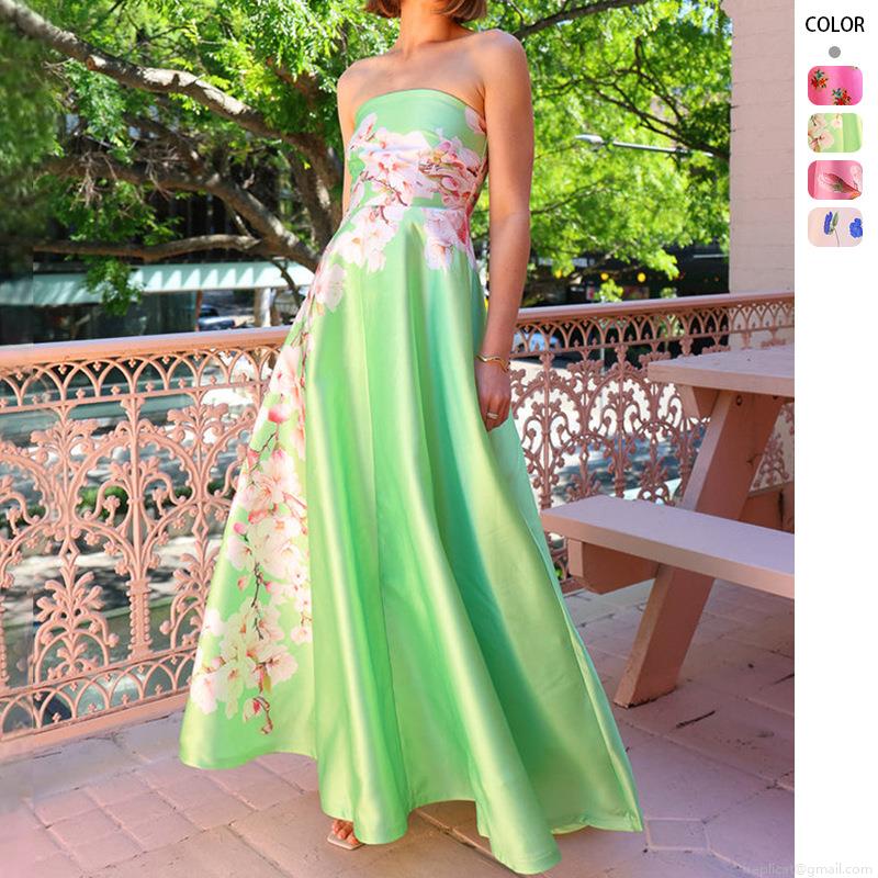 Sexy Bandeau Satin Floral Print Maxi Dress High Waist Patchwork Evening Gown For Women Summer Party Vacation Clubwear Sleeveless Dress