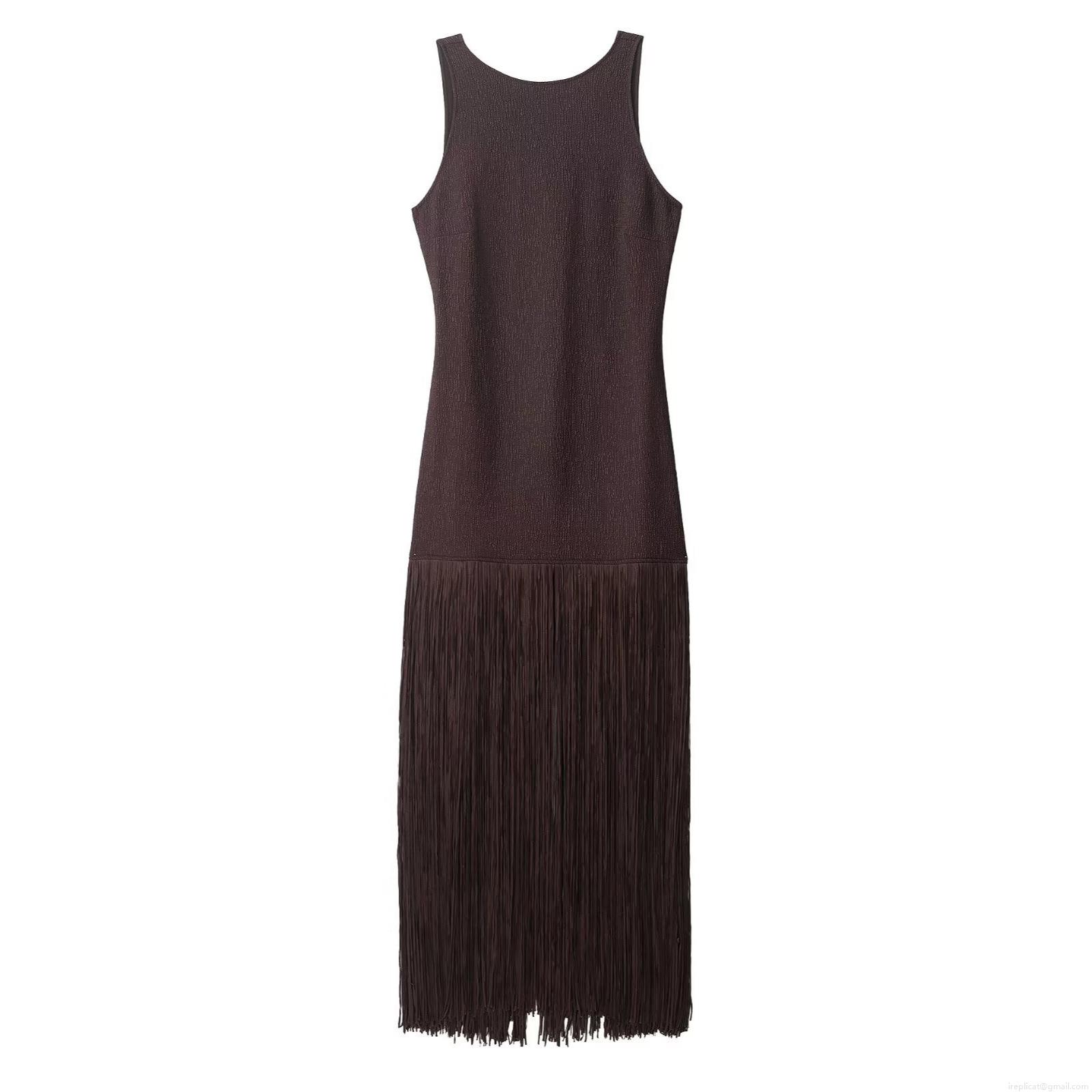 Women Sexy Backless Fringe Midi Dress Sleeveless Round Neck Textured Slim Fit Tassel Hem Elegant Party Evening Club Bodycon Dresses