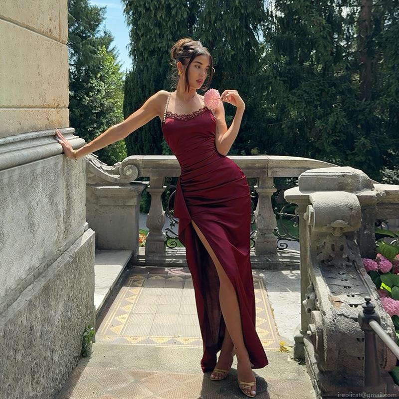 Women's Elegant Satin Evening Dress With Pearl Straps And Lace Trim Sexy Ruched High Slit Bodycon Maxi Party Dress For Wedding Prom