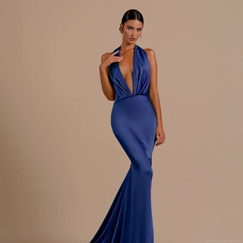 Sexy Deep V-Neck Halter Backless Satin Evening Maxi Dress Women Elegant Solid Color Sleeveless High Waist A-Line Party Prom Vacation Formal Gown