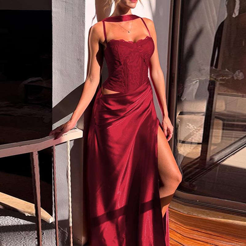 French Romantic Sexy Lace Patchwork Satin Evening Dress Set For Women Elegant Sleeveless High Slit Maxi Gown For Wedding Party Banquet