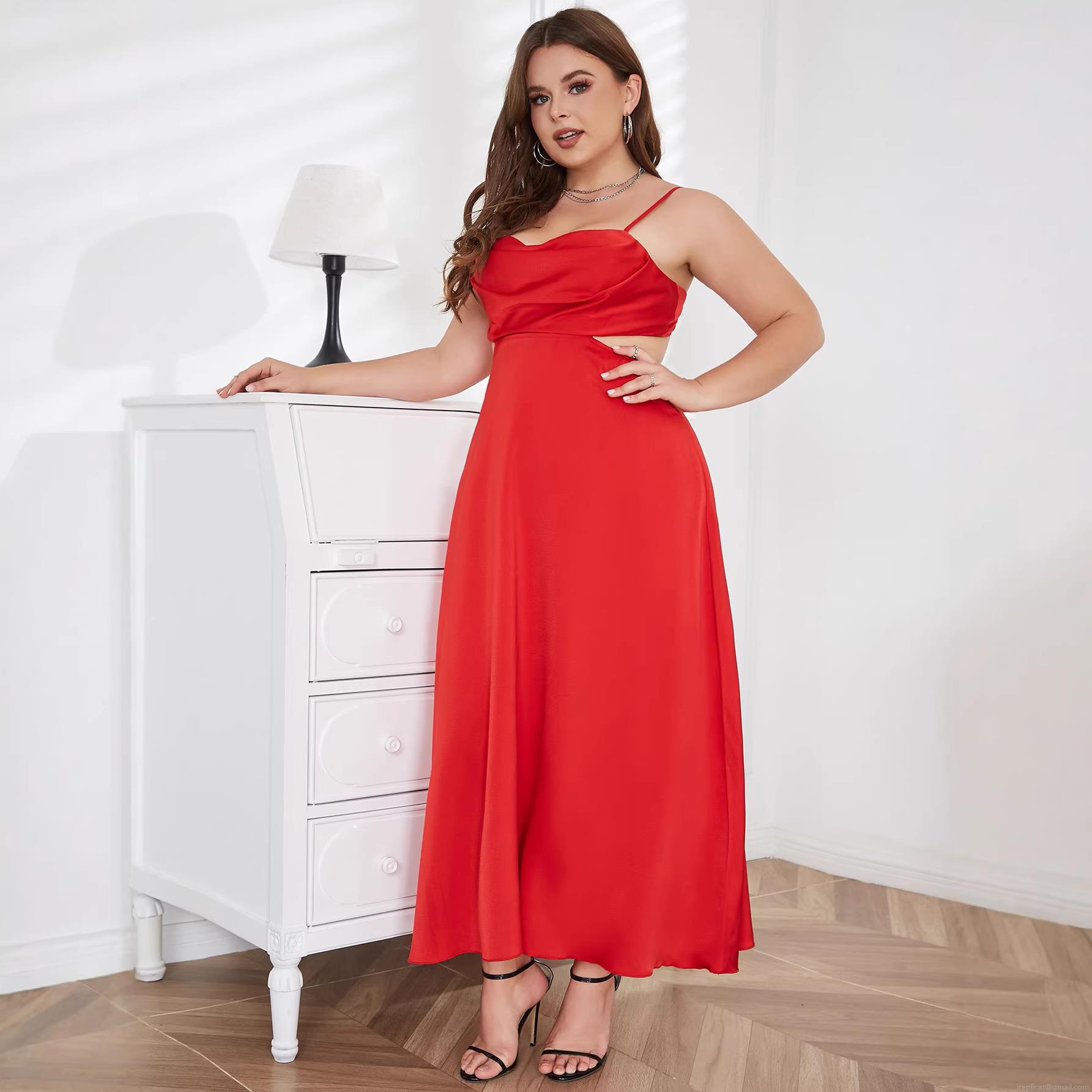 Women's Plus Size Red Satin Cami Dress Sexy Hollow Out Backless Cowl Neck Midi Evening Party Dress Sleeveless Elegant Bodycon Dress