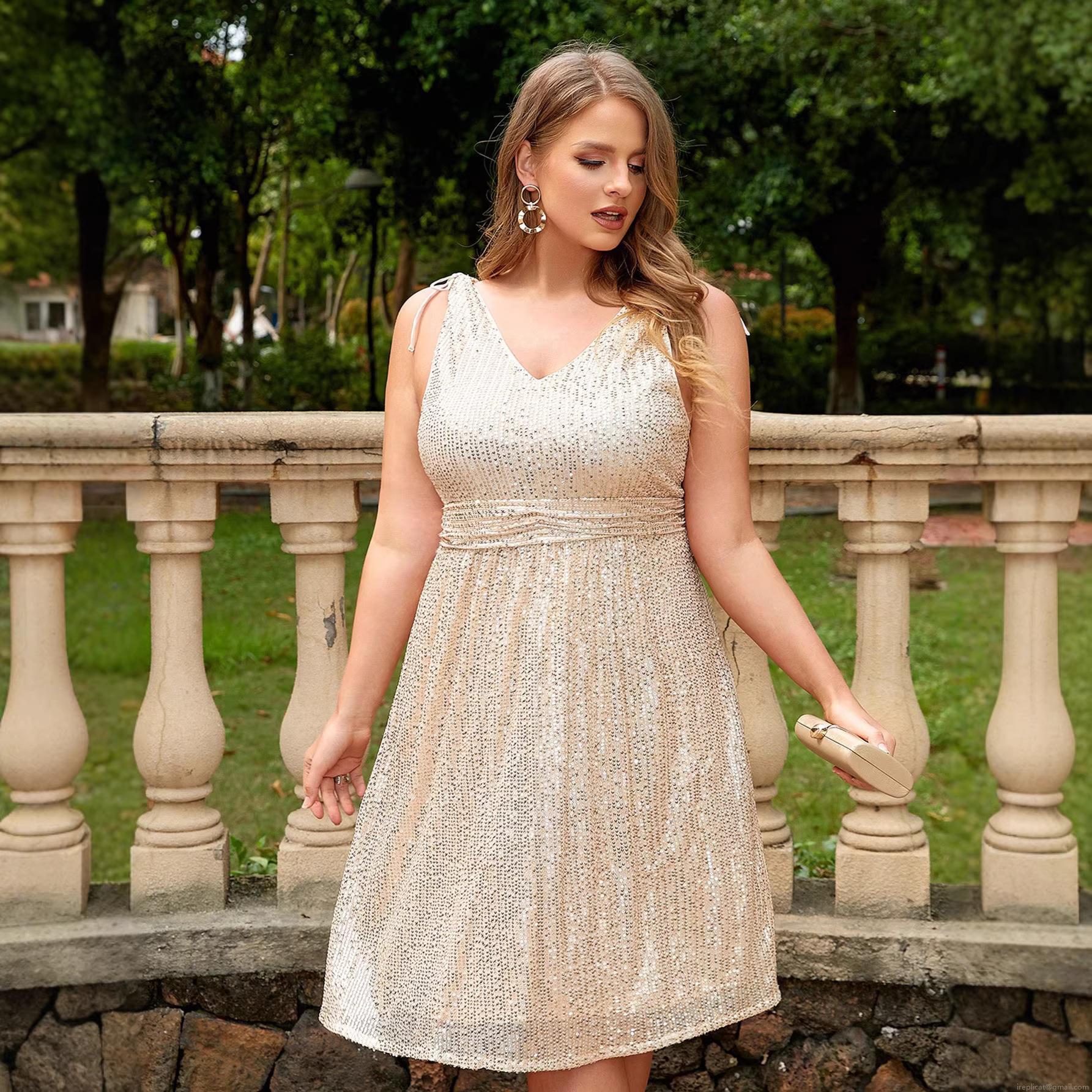 Women's Plus Size Sequin Party Dress Elegant V-Neck Sleeveless A-Line Midi Cocktail Evening Dress Champagne Apricot Polyester For Women